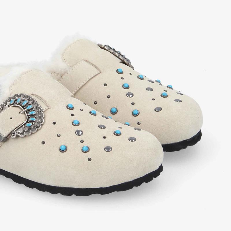 PALOMA CLOG W - SUEDE/FUR/RIVET -  BLANC CASSE/BLEU TURQUOISE